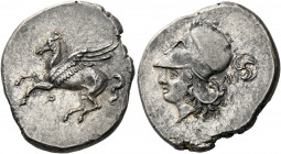 Corinthia, Corinth.   Stater circa 375-300, AR 8.62 g. Pegasus flying l., beneath [koppa]. Rev. Head of Athena l., wearing Corinthian helmet; behind, ...