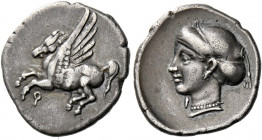 Corinthia, Corinth.   Drachm circa 350-300, AR 2.64 g. Pegasus flying l.; beneath, [koppa]. Rev. Head of Aphrodite l., wearing sakkos, earring and pea...