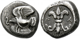 Elis, Olympia.   Hemidrachm circa 460s, Olympiads 78-82, AR 2.88 g. Eagle flying l., grasping snake in its beak and talons. Rev. F – A Thunderbolt upr...