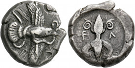 Elis, Olympia.   Stater circa late 450s, Olympiads 82-87, AR 12.21 g. Eagle flying r., grasping snake in its beak and talons. Rev. F – A Thunderbolt u...