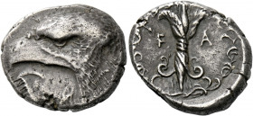 Elis, Olympia.   Stater circa 404 attributed to Da... but unsigned, 94th Olympiad, AR 12.36 g. Eagle's head l.; below, large white poplar leaf to l. R...