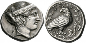 Elis, Olympia.   Stater, Hera mint 376, 101st Olympiad, AR 12.17 g. F – A Head of Hera r., wearing stephane ornamented with six palmettes connected by...