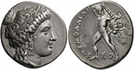 Stymphalos.   Stater circa 360-350, AR 11.78 g. Laureate head of Artemis Stymphalia r., wearing necklace and pendant earring. Rev. ΣΤΥΜΦΑΛΙΩΝ Heracles...