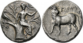 Crete, Gortyna.   Half stater circa 280-260, AR 6.80 g. Europa, naked to waist and wearing a peplos over her lower limbs, seated three-quarters r. in ...