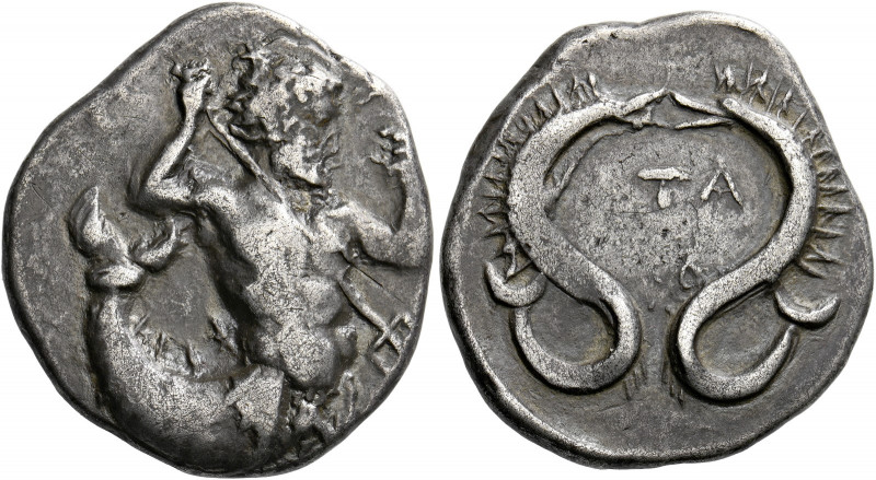 Itanos.   Stater circa 380-350, AR 11.28 g. Bearded sea-god r., spearing downwar...