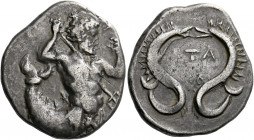 Itanos.   Stater circa 380-350, AR 11.28 g. Bearded sea-god r., spearing downwards fish with trident held in his raised r. hand. Rev. [I]TA Two confro...