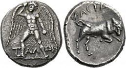 Phaestus.   Stater circa 300-270, AR 11.25 g. T – AΛ – ΩN Talos, winged and naked, standing facing, head tilted slightly r., about to hurl a stone hel...