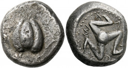 The Cyclades, Melos.   Stater circa 425-415, AR 14.09 g. Apple with stem. Rev. M – A – Λ – I – C – N Triskeles around a large central pellet, all with...