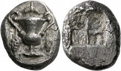 Naxos.   Stater circa 520/515-490, AR 11.59 g. Cantharus with ivy leaf finial on lid; grape bunches hanging from handles. Rev. Quadripartite incuse sq...