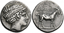 Paros.   Didrachm circa 230-200, AR 7.67g. Female head (Artemis?) r., her hair bound with a taenia wrapped around three times. Rev. ANAΞIK / ΠAPI Male...