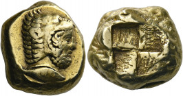 Mysia, Cyzicus.   Stater circa 450-400, EL 15.98 g. Head of Heracles r., wearing lion’s skin headdress; below, tunny r. Rev. Quadripartite incuse squa...