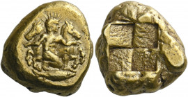 Mysia, Cyzicus.   Stater circa 450-400, EL 16.05 g. Helios, naked, kneeling on r. knee and holding foreparts of two horses prancing l. and r. at his s...