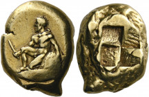 Mysia, Cyzicus.   Stater circa 450-400, EL 16.04 g. Orestes, naked but for chlamys over his shoulders, holding a sword in his r. hand and crouching l....