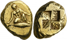 Mysia, Cyzicus.   Stater circa 450-400, EL 15.93 g. Youth, wearing himation, kneeling facing with head r., throwing knuckle-bones (astragaloi); below,...