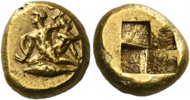 Mysia, Cyzicus.   Hecte early 4th century BC, EL 2.70 g. Infant Heracles kneeling l., strangling two serpents; at r., his brother Iphycles leaning r.,...