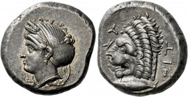 Mysia, Cyzicus.   Tetradrachm circa 350, AR 14.89 g. Head of Kore-Soteira l., wearing barley-wreath, hair caught up in saccos. Rev. KY – ΖI Lion's hea...