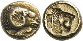 Lesbos, Mytilene.   Hecte circa 521-478, EL 2.51g. Ram's head r.; beneath, gamecock. Rev. Lion's head r., incuse. SNG von Aulock 1688. Bodenstedt 16....