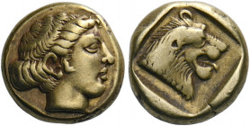 Lesbos, Mytilene.   Hecte, circa 442-432, EL 2.55 g. Female head r. Rev. Lion's forepart r., with open jaws and protruding tongue, within incuse squar...