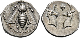 Ephesus.   Diobol circa 390-325, AR 0.99 g. E – [Φ] Bee with straight wings. Rev. EΦ Two stags’ heads confronted. Boston 1827. SNG Lockett 2810. SNG v...