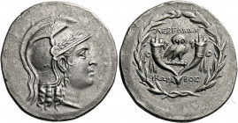 Lebedos.   Tetradrachm circa 140-135, AR 16.09 g. Head of Athena r., wearing laureate and triple-crested Attic helmet and earrings. Rev. ΛΕΒΕΔΙΩΝ Owl ...