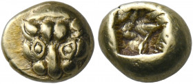 Miletus.   Hemihecte circa 600-550, EL 1.19 g. Facing head of panther or lioness. Rev. Irregular incuse square. Weidauer 162. Rosen cf. 312 (hecte). S...