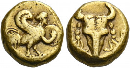 Uncertain mint in Asia Minor.   Hemihecte (?) late 5th century BC, EL 0.97 g. Siren standing r., holding tympanon. Rev. Bucranium with filleted horns....