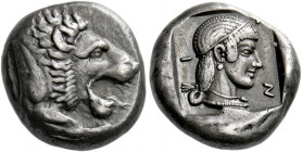 Caria, Cnidos.   Drachm circa 450, AR 6.00g. Forepart of lion r., with open jaws and tongue protruding, r. paw outstretched. Rev. [Κ]Ν – Ι Draped bust...
