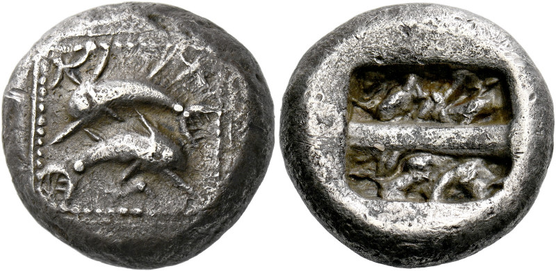 Islands off Caria, Carpathos.   Stater circa 500-480, AR 13.56g. Two dolphins le...