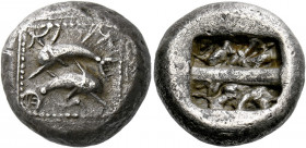 Islands off Caria, Carpathos.   Stater circa 500-480, AR 13.56g. Two dolphins leaping in opposite directions and third small one swimming r. below; fl...