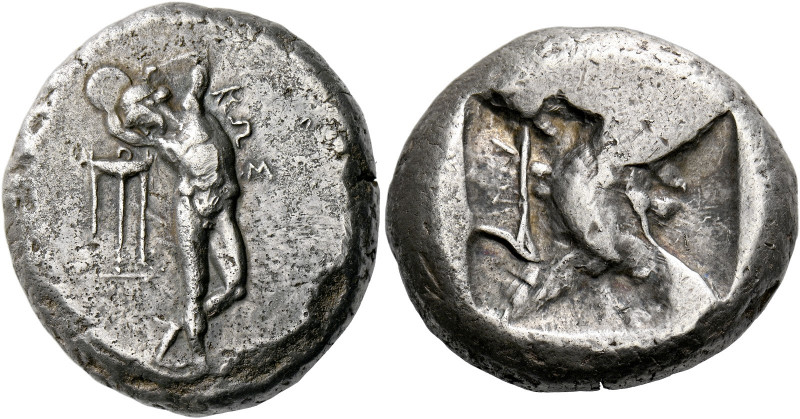 Cos.   Triple siglos circa 480-475, AR 16.58 g. KΩΣ Naked diskobolos standing fa...