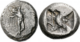 Cos.   Triple siglos circa 480-475, AR 16.58 g. KΩΣ Naked diskobolos standing facing with his weight on his r. leg, his l. leg crossed behind, while h...