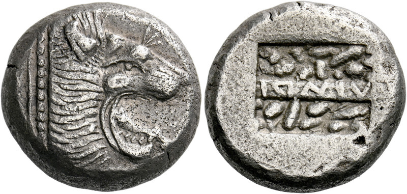 Lindos.   Stater late 6th-early 5th century BC, AR 13.74 g. Lion's head r., with...