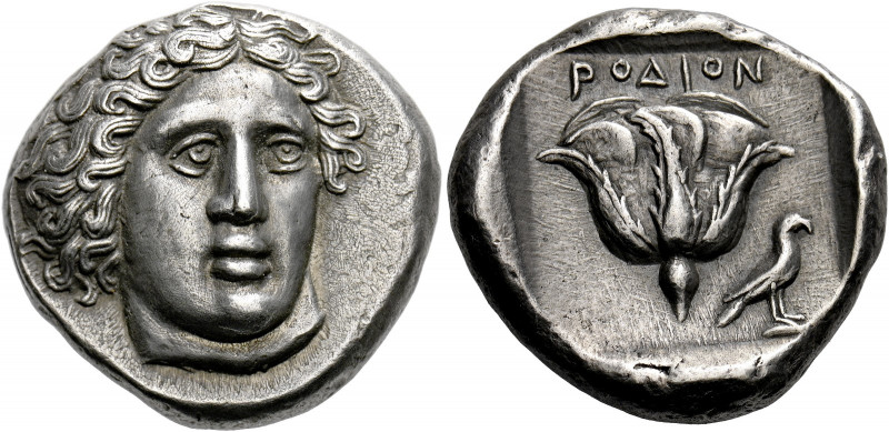 Rhodes.   Tetradrachm circa 404-385, AR 15.42 g. Head of Helios facing three-qua...