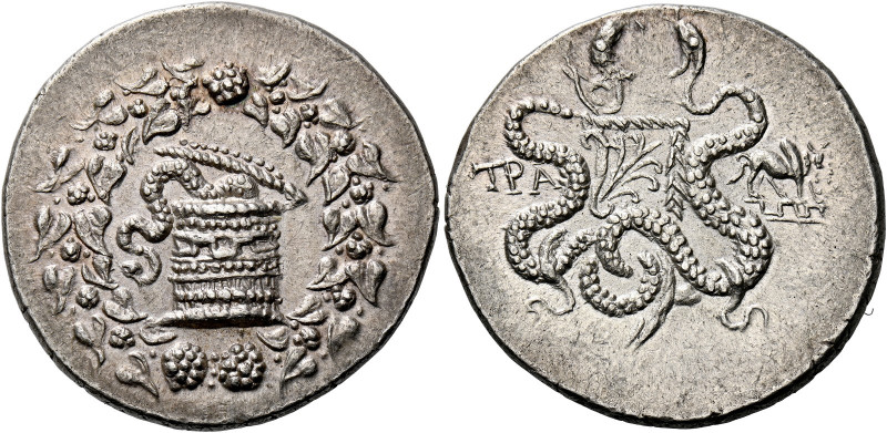 Lydia, Tralleis.   Cistophoric tetradrachm circa 155-145, AR 12.65 g. Snake emer...