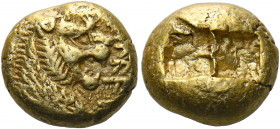 Kings of Lydia, time of Alyattes circa 610 – 560.   Trite, Sardis circa 610-560, EL 4.72 g. ΛFF in Lydian characters Lion's head r. with open jaws, so...