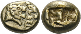 Kings of Lydia, time of Alyattes circa 610 – 560.   Hecte, Sardis circa 610-560, EL 2.33 g. FALFEL retrograde in Lydian characters Lion's head r. with...