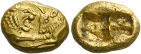 Croesus, 561 – 546.   Trite light series, Sardis circa 550-546, AV 2.69 g. Confronted foreparts of lion with open jaws and r. forepaw raised and bull....