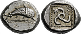 Dynasts of Lycia, Kuprlli, circa 485 – 440.   Stater, Aperlai (?) circa 470-440, AR 9.76 g. Dolphin r. above double dotted line; on its body, triskele...
