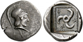Wekhssere I circa 460 – 435.   Trihemiobol, Patara circa 440, AR 1.35 g. Head of Athena r., wearing crested Corinthian helmet. Rev. F – [arrow right] ...