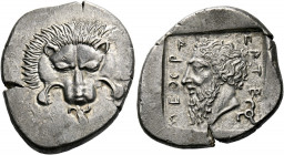 Mithrapata, circa 390 – 370.   Stater circa 380-375, AR 9.85 g. Lion’s scalp; below, Lycian triskeles. Rev. ME)(P – A – P – ATE Head of dynast l.; beh...