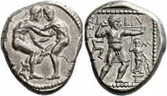 Pamphylia, Aspendus.   Stater circa 420-400, AR 10.93 g. Two wrestlers grappling, the one on r., trying to trip up his opponent. Rev. [EΣT]FEΔ – I I –...