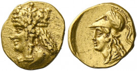 Salamis, Nicocles 373 – 361.   1/12 Stater circa 373-361, AV 0.68 g. Draped bust of Aphrodite l., wearing decorated calathos. Rev. Head of Athena l., ...