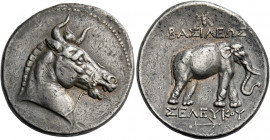 Seleucid Kings of Syria, Seleucus I, 312 – 281.   Tetradrachm, Pergamum 281, AR 16.70 g. Bridled head r. of horned horse (Bucephalus?) with open mouth...