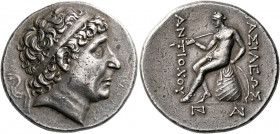Antiochus II, 261 – 246.   Tetradrachm, Sardis circa 261-250, AR 17.18 g. Diademed head of Seleucus I r. Rev. ΒΑΣΙΛΕΩΣ / ΑΝΤΙΟΧΟΙ Apollo seated l. on ...