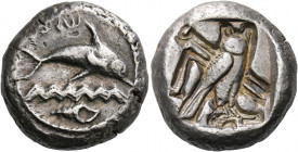 Phoenicia, Tyre.   Shekel circa 435-410, AR 13.76 g. ŠLŠN in Phoenician characters Dolphin leaping r. above waves; beneath, murex-shell. Rev. Owl, in ...