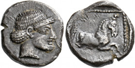 Philistia, Gaza.   Quarter shekel or drachm, circa 450–400 BC, AR 3.33 g. Female head r., oriental hairstyle with bunched hair in the back. Rev. Forep...