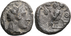 Philistia, Gaza.   Quarter shekel or drachm, circa 450–400, AR 4.42 g. Head of Athena r, wearing crested Attic helmet. Rev. ΑΘΕ Owl standing r. with c...