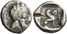 Philistia, Gaza.   Quarter shekel or drachm, circa 450–400, AR 2.89 g. Head of Athena r.; on the cheek, the letter Heth. Rev. Winged feline r., with t...