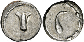 Judaea or Cilicia, Jerusalem (?).   Hemidrachm circa 132-13, AR 1.98 g. Lily; dotted border. Rev. Uncertain object, perhaps a wine flask made of an an...