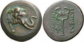Kings of Bactria, Demetrius I, circa 200 – 185.   Triple unit circa 200-185, Æ 11.83 g. Elephant's head r., wearing bell around neck. Rev. ΒΑΣΙΛΕΩΣ – ...